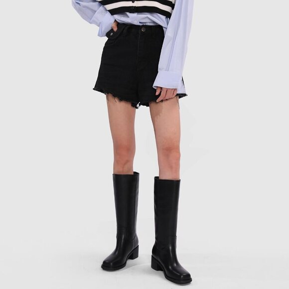 Women's Black Knee High Boots Square Toe Chunky Block Heel Long Boots - Picture 2 of 6